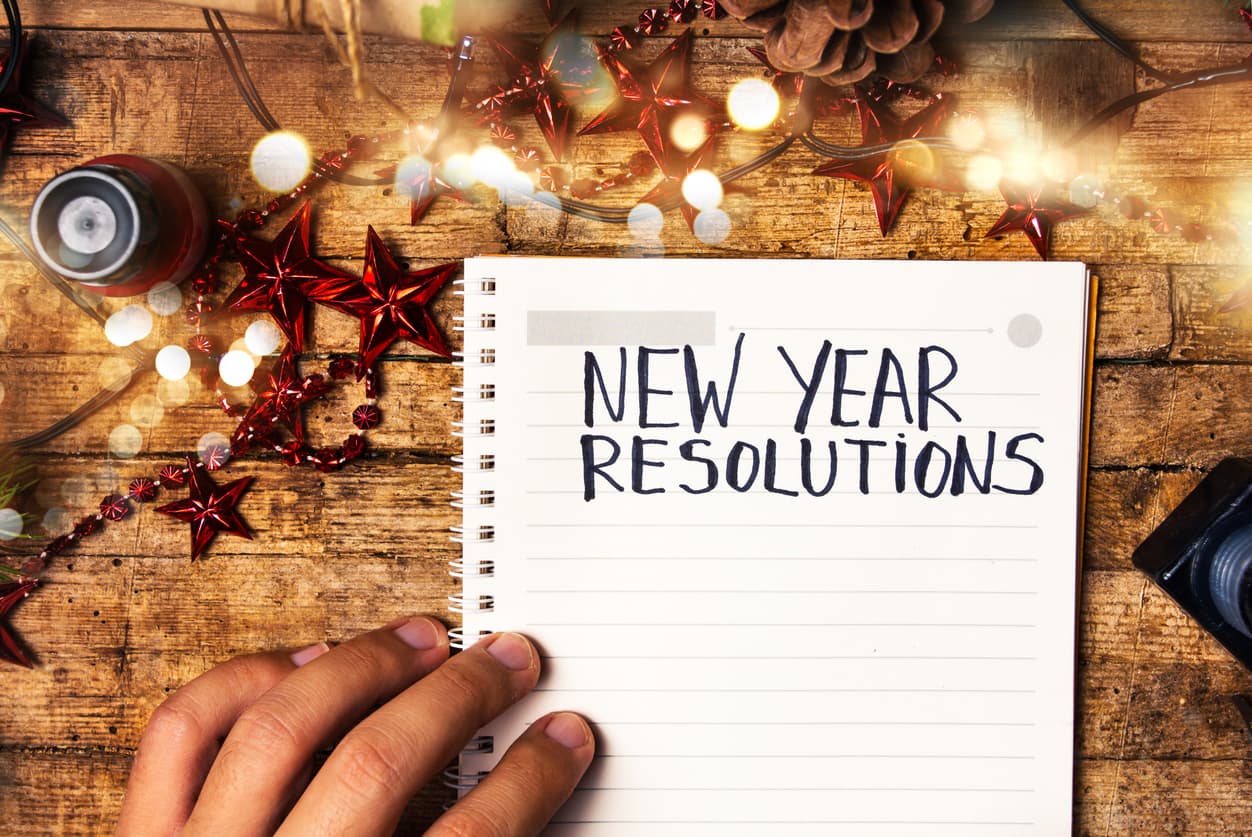 Notebook with "New Year Resolutions" written on the page